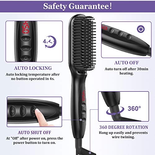 Hair Straightener Brush BFULL Anti-Scald Ionic Hair Straightening Brush Comb with LCD Display 12-Temp Settings 30s Fast Ceramic Heating, Perfect for Styling Hair/Beard