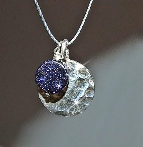 Full Moon Pure Silver Pendant, Blue Goldstone Charm Minimalist Cord Necklace