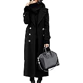 ebossy Women‘s Winter Double Breasted Wool Coat Elegant Notched Lapel Belted Mid Long Pea Trench Coat