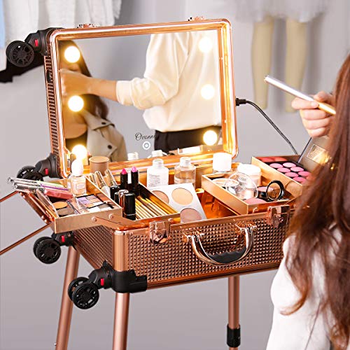 Ovonni Makeup Train Case with Bluetooth Speaker, Free Standing Portable Makeup Station with Lighted Mirror, Cosmetic Organizer Box for Makeup Storage, Rolling Artists Travel Studio for Women - Thumbnail 7
