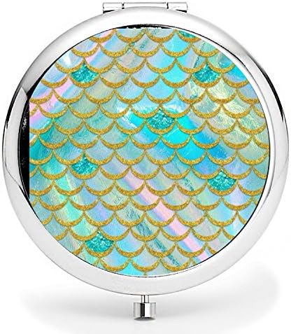 Folding Travel Mirror, [New Version] Convenient Man Makeup Mirror to Shave, Double Sides - 2x &amp; 1x Magnifying Mini Round Makeup Pocket Mirror Perfect for Travel - Fish Scales