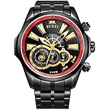BUREI® Men's Luminous Hands Chronograph Analog Watch with Link Bracelet, Black Red Bezel Black Dial