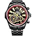 BUREI Men's Luminous Hands Chronograph Analog Watch with Link Bracelet, Black Red Bezel Black Dial