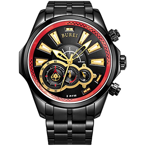 BUREI Men's Luminous Hands Chronograph Analog Watch with Link Bracelet, Black Red Bezel Black Dial