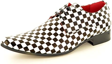 My Perfect Pair Mens Black White Checkerd Pattern Leather Lined Pointed Winkle Pickers Lace up Shoes