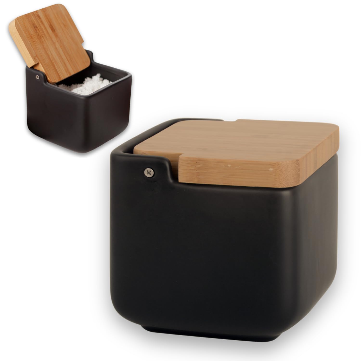 KOOK TIME Ceramic Salt Cellar with Bamboo Swivel Lid | Modern Kitchen Storage Pot for Salt, Spices or Sugar | 11.5 cm Black Matt Finish
