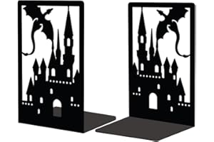 Peacoblue Metal Bookends for Shelves Room Decorative, Creative Heavy Duty Study Bookends Stoppers Holder Stand for Desk Shelf 4.7"x3.5"x7" Book Ends to Support Books, 1 Pair(Dragon Castle)