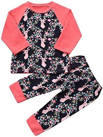 Baby Clothes Set, PPBUY Toddler Girls Deer Floral Printed Tops + Pants 2Pcs Outfit Set (12M, Navy)