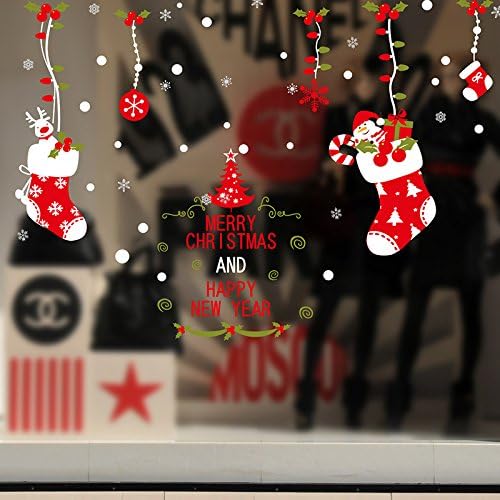 SWORNA Holiday Series SN-58 Merry Christmas Stockings Tree Elk Removable Vinyl DIY Wall Window Door Mural Decal Sticker Retail Store/Coffee House/Restaurant/Supermarket/Dress Shop/Bedroom 40"H X 70"W