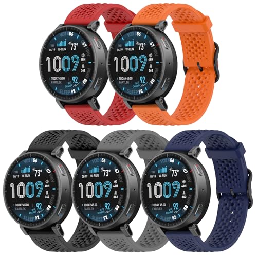 GuardLook 5 Bands Compatible with Amazfit Active Max/Balance2/Balance/Cheetah Pro/Bip 5/Bip 6, Replacement Silicone Strap, Breathable Design with Holes, 22mm Wristbands