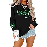 FAYALEQ Women St Patrick's Day Sweatshirt Sequin Shamrock Pullover Irish Sweatshirt Crewneck Long Sleeve Top