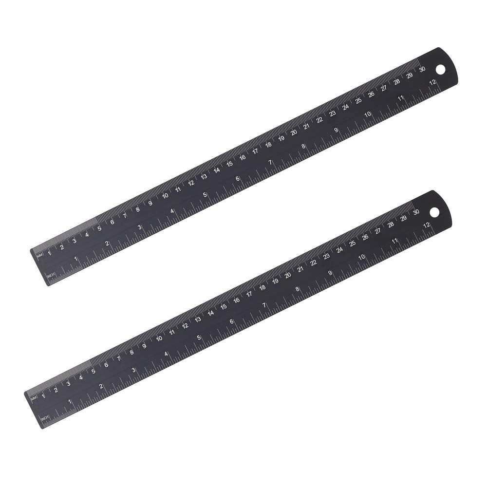 2 Pack 30cm/300mm Ruler, Metal Ruler Shatterproof Straight Black Aluminum Alloy Ruler Sets Tool for School and Office Measuring — image 1