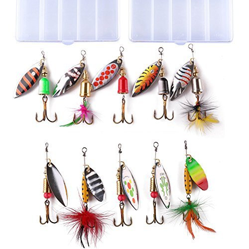 LotFancy Spinnerbaits Fishing Lures with 2 Portable Tackle Boxes - Hard Metal Spinner Baits Kit for Bass Trout Salmon Walleye, Pack of 10