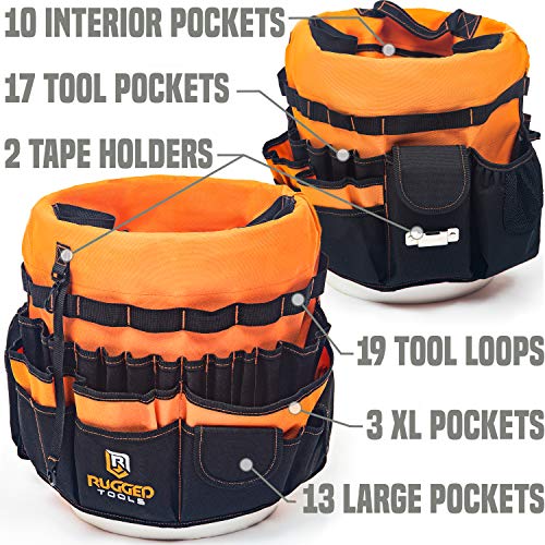 Rugged Tools Bucket Tool Organizer 64 Pocket Bucket Caddy for 5 Gallon Buckets Liner Insert