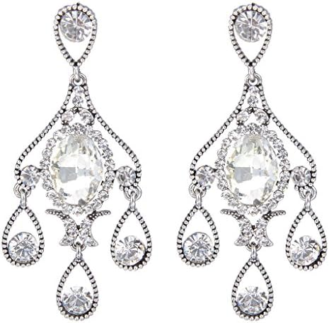 JoinMe Women's Bohemian Teardrop Tassel Oval Crystal Chandelier Pierced Earrings Antiqued Silver-Tone