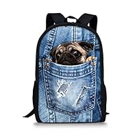 3D Animals Pug Dog Blue Demin Pattern Backpack Women School Kids Bookbags