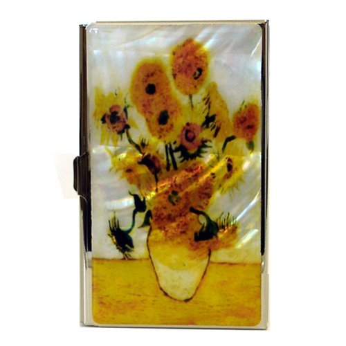 Mother of Pearl Sunflowers by Van Gogh Art Painting Design Business Credit Name Card Holder Case Metal Stainless Steel Engraved Slim Purse Pocket Cash Money Wallet