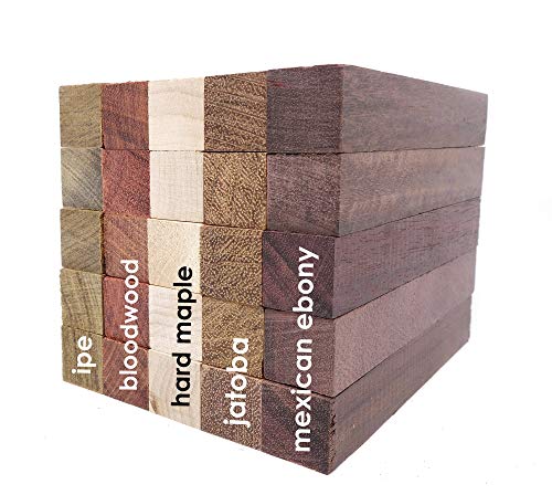 Exotic Wood Pen Blanks 25-Pack: Bloodwood, Mexican Ebony, Jatoba, Hard Maple, Ipe, 5 of Each Wood Type, 5 x 3/4 x 3/4 inches
