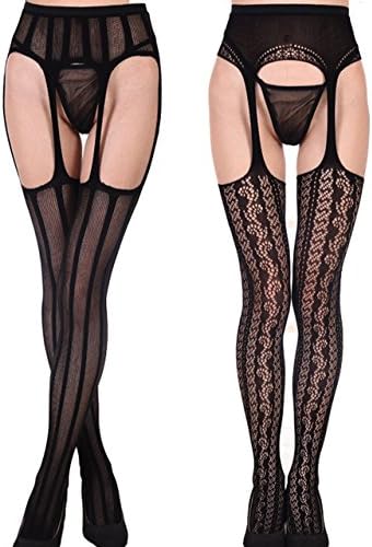 Lannorn Women's Sexy Fishnet Lace Lingerie High Waisted Garter Belt Pantyhose Stockings Set 1-2Pairs.
