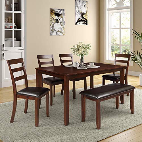 Dinning Room Set for 6 with Bench,JULYFOX 6 Piece Wood Rectangular Kitchen Table with 4 PU Leather Padded Chairs and 1 Upholstered Dinning Bench for 6 People Espresso