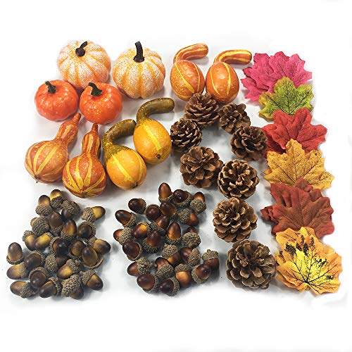 COTOSEY 166 Pcs Artificial Pumpkins Gourds Maple Leaves Acorns Natural Pinecones Ornament Set for Decorating and Designing