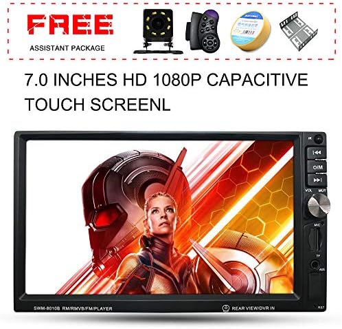Upgraded 7 Inch Double Din Touch Screen Car Stereo Audio Receiver MP5 Player with Free Rear Camera and Steering Wheel Control and Remote Control Support PhoneLink/MP3/Radio/Bluetooth/Video