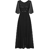 COOAN Women's Wedding Guest Long Dress Cocktail Party Formal Cape Ruffle Sleeve Chiffon Lace Sequin Dress