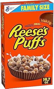 REESE’S PUFFS Chocolatey Peanut Butter Cereal, Kid Breakfast Cereal, Family Size, 19.7 oz