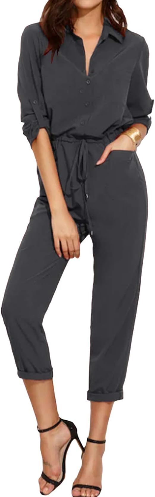 Combinaison Pantalon Femme Jumpsuit Été – Manches Courtes, Col V, Taille Haute Élastique – Style Chic Casual Pour Soirée