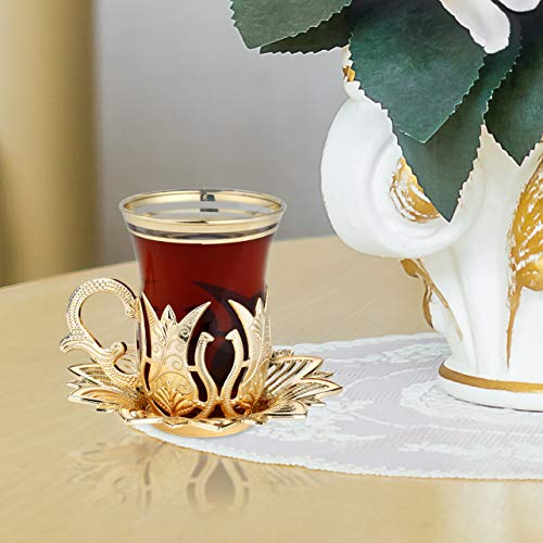LaModaHome Golden Tea Set of 6 and Tray - Includes 6 Glasses, 6 Saucers Holders, and a Tray - VIP Special Serving Turkish Tulip - Arabic, Moroccan Coffee Sets - Cups and Mugs