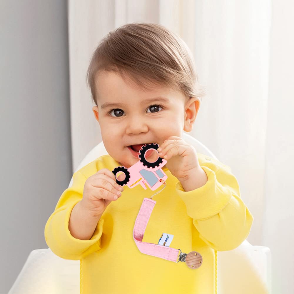 Baby Food Grade Silicone Tractor Car Teether Toy with Pacifier clip Holder,Teething Pain Relief Toys Gift Set for 3 Months+ Boys and Girls,Freezer Safe,BPA Free (Pink)