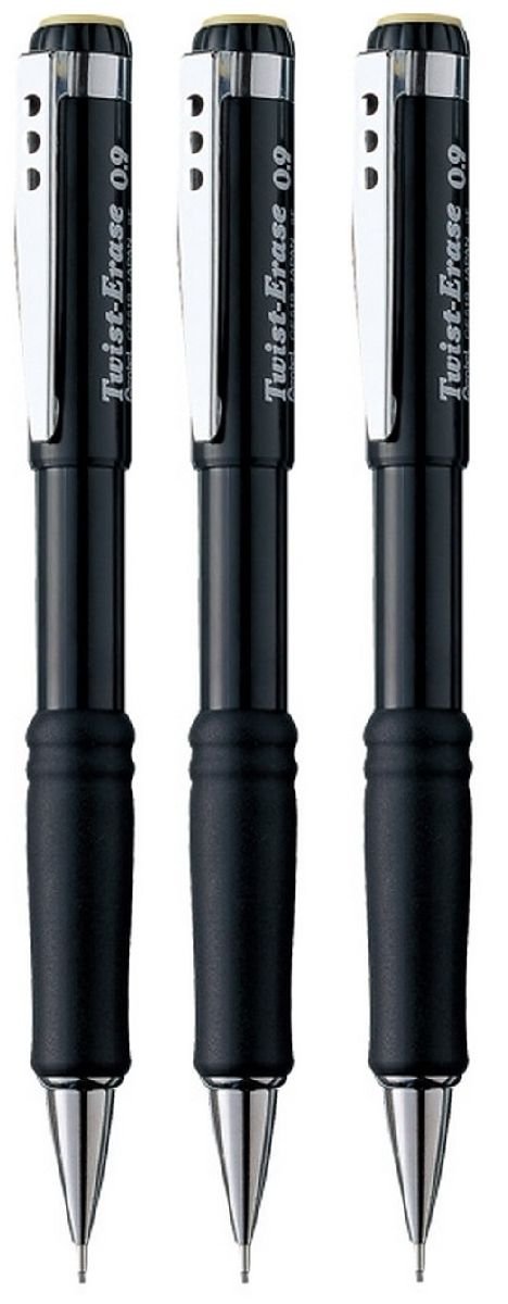 Pentel 0.9mm Lead Size Twist Erase Automatic Pencil Mechanical Drafting Pencil Lead Black Barrel Refillable QE519 (Pack Of 3)