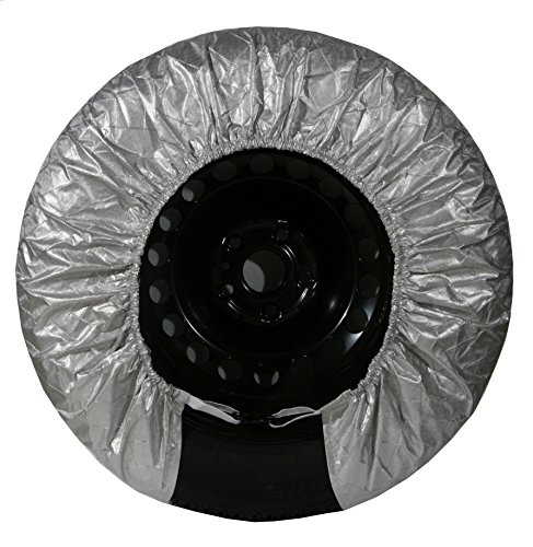 ThetaSkin Wheel Tire Cover for RV Auto Truck Car Motorhome Camper Trailer Dustproof Waterproof Silver Aluminum Protector Set of (4) Covers Fit 27” 28" 29" Tire Diameter + Red Wash Glove Kit