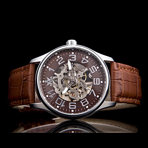 SEWOR orologio da polso scheletrato trasparente con cinturino in pelle (Marrone)