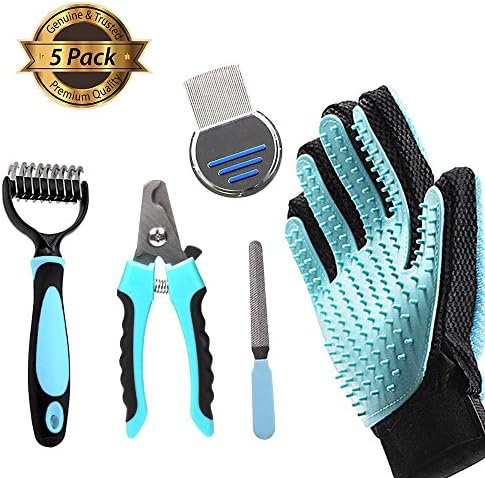 Pet Grooming Tools Set 5 Pieces – All in One Pack: Dog Cat Hair Remover / Nail Clipper/ Deshedding Rake / Brush Comb – Shower Cleaning for Small Medium Large Dog &amp; Cat