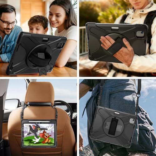 Gerutek Shockproof Case for iPad Air 11 inch M4/M3/M2 (2026/2025/2024)/Air 5th/Air 4th/iPad Pro 11 (4th/3rd/2nd/1st Gen), Heavy Duty Case with 360 Rotating Stand, Hand Strap and Shoulder Strap, Pen Holder, Black