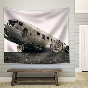 Aircraft Wreckage in Field - Fabric Wall Tapestry Home Decor - 51x60 inches