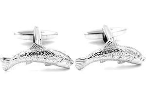 VCUFFLINKS Salmon Trout Fish Cuff Links Fly Fishing Rod Angler Present Silver Cufflinks