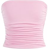 OYOANGLE Girl's Strapless Tube Top Ribbed Knit Ruched Cropped Bandeau Cute Summer Tops