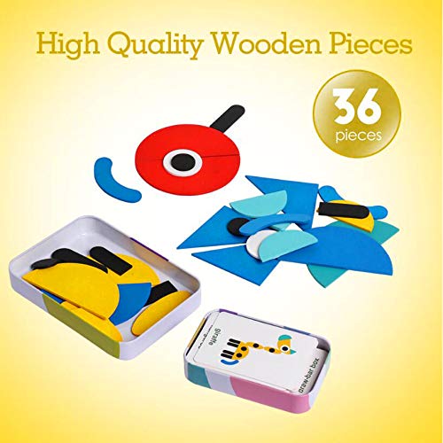 JCREN Wooden Pattern Blocks Animals Jigsaw Shape Puzzle Travel Sorting and Stacking Games Montessori Educational Toys for Toddlers Kids 2+ Years Old (36 Shape Pieces and 60 Design Cards in Iron Box