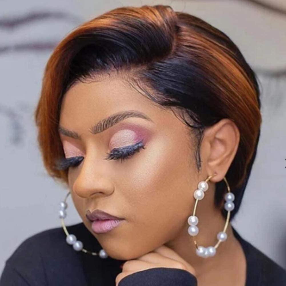 PORSMEER Short Pixie Cut Hair Wigs for Women Glueless Lace Front Wigs Ladies Short Bob Wigs with Side Bangs 6 Inch (Black mixed Ginger Blond)