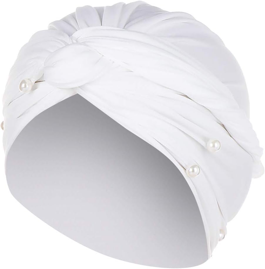 Hanomes Women Beanie Scarf Turban Hat Muslim Beading Pearl Ruffle Head Wrap Cap Women's Turban Headband Pearl Pleated Long Head Wrap Hijab Tube Scarf