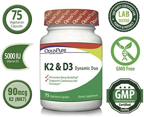 Opus Pure Vitamin K2 (MK7) &amp; D3 75 capsules - for Bone Health Heart/Cardiovascular Health - 90 mcg 5000 IU Small &amp; Easy to Swallow