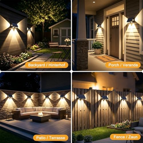 Solar Wandleuchte Aussen,4 Stück Solarlampen für Außen Wand, Auto ON/OFF Zaunleuchte LED, IP65 Wasserdicht Warmweiß Zaun Beleuchtung Solar für Hinterhof Veranda Deck Patio Geländer