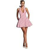 Richlylian Women's Cotton Jacquard mini Dress - Fit and Flare V-Neck Halter Bowknot Sexy A Line Club Party Going Out Dresses