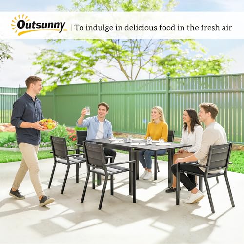 Outsunny 7 Piece Patio Dining Set for 6, Aluminum Expandable Outdoor Table and Stackable Chairs with Padded Back and Mesh Seats, Patio Furniture Dining Set for Garden, Black
