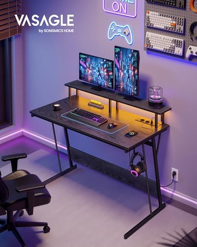 Secretária de jogos com luzes LED e tomadas de alimentação embutidas, secretária com prateleira para 2 monitores, mesa de quarto de escritório, 100 x 55 cm, preto ébano LWD191B56V2