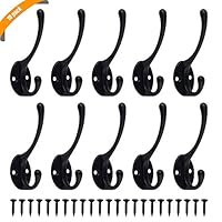 Heavy Duty Dual Coat Hooks, KUAHAIHINTERAL 10 Pack Wall Mounted Retro Utility Rustic Hooks Double Coat Hooks Hanger with Screws for Coat, Scarf, Bag, Towel, Key, Cap, Cup, Hat (Black) (Morden Black)