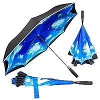 StrombergBrand The Inversa Large Inverted Umbrella with Double Layered Reinforced Canopy Windproof Umbrella 48" Reverse Upside Auto Open, for Men & Women, Clouds