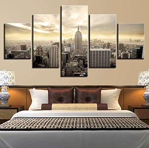 QThxqa Cuadros de arte de pared decoración del hogar Marco de póster sala de Estar 5 unidades paisaje de atardecer de la Ciudad de Nueva York HD impreso pintura moderna sobre lienzo